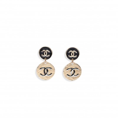 CHANEL DOUBLE COCO MARK EARRINGS GOLD BLACK 